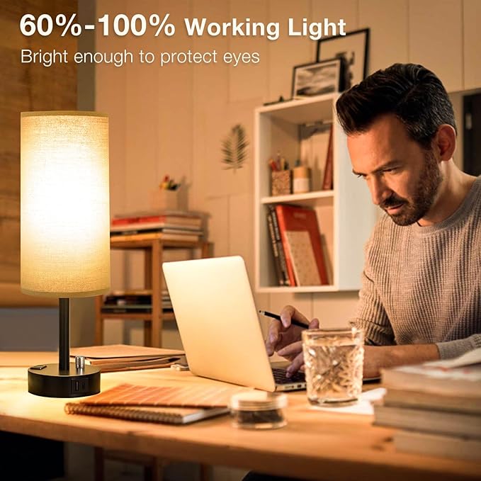 Innqoo Black Table Lamps for Boy Set of 2 - Fully Dimmable Bedroom Lamp with USB C Charging Port, Bedside Lamps with USB Ports and Outlets, Night Lamps for Reading, Nursery, Study with Black Base - LeafyLoom