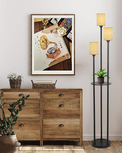 Boho Floor Lamp with Shelves, Black Floor Lamp with Hand-woven Shade, 3-Lights Corner Display Standing Lamp, Farmhouse Rustic Floor Lamps For Living Room, Bedroom, Office, Metal Tall Lamp for Reading - LeafyLoom