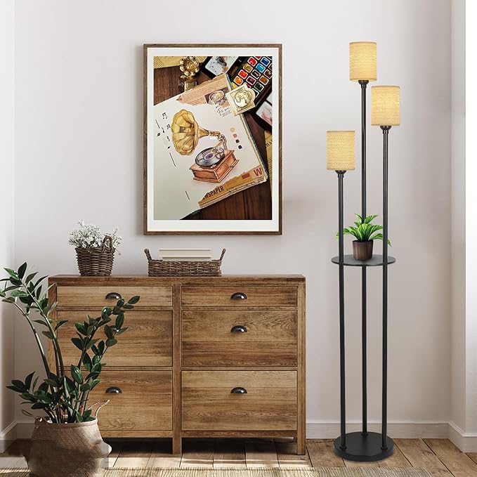 Boho Floor Lamp with Shelves, Black Floor Lamp with Hand-woven Shade, 3-Lights Corner Display Standing Lamp, Farmhouse Rustic Floor Lamps For Living Room, Bedroom, Office, Metal Tall Lamp for Reading - LeafyLoom