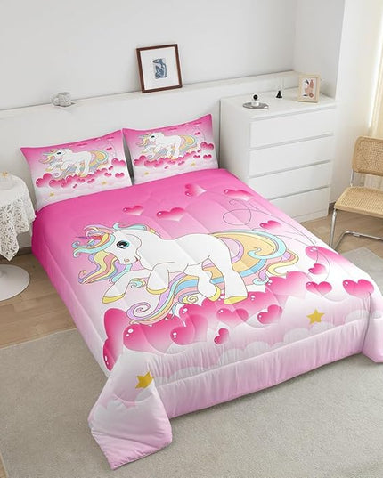 Girls Unicorn Comforter Set Full Girly Fantasy Rainbow Unicorn Bedding Set for Kids Little Girls, Pink Love Heart Duvet Sets Dreamy Horse Cartoon Magical Animal Down Comforter with 2 Pillowcases - LeafyLoom