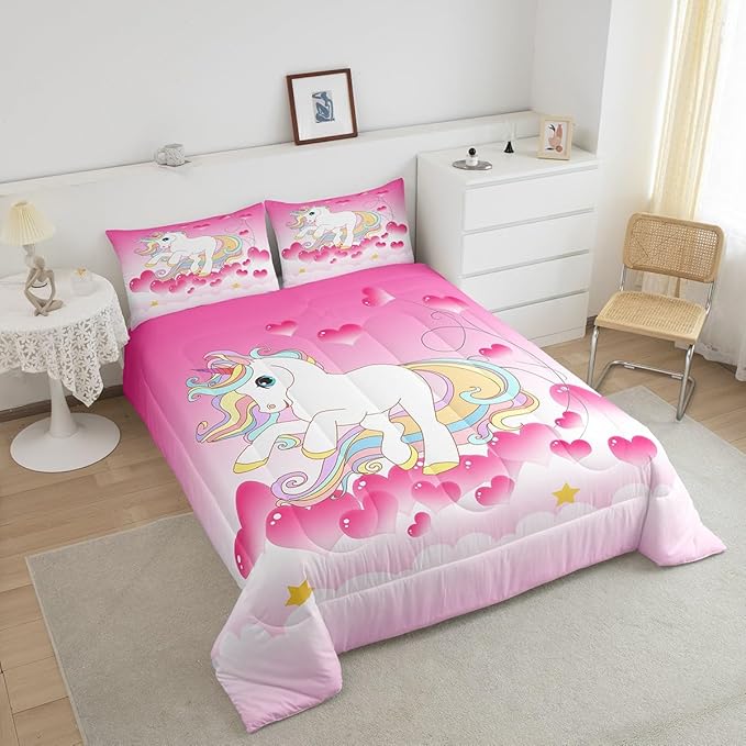Girls Unicorn Comforter Set Full Girly Fantasy Rainbow Unicorn Bedding Set for Kids Little Girls, Pink Love Heart Duvet Sets Dreamy Horse Cartoon Magical Animal Down Comforter with 2 Pillowcases - LeafyLoom