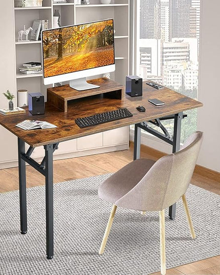 TEMI Computer Desk with Power Outlet and Monitor Shelf Included 43.3" Length Folding Table, Office Desk for Home, No Assembly Desk with Stable Black Frame, Rustic Brown - LeafyLoom