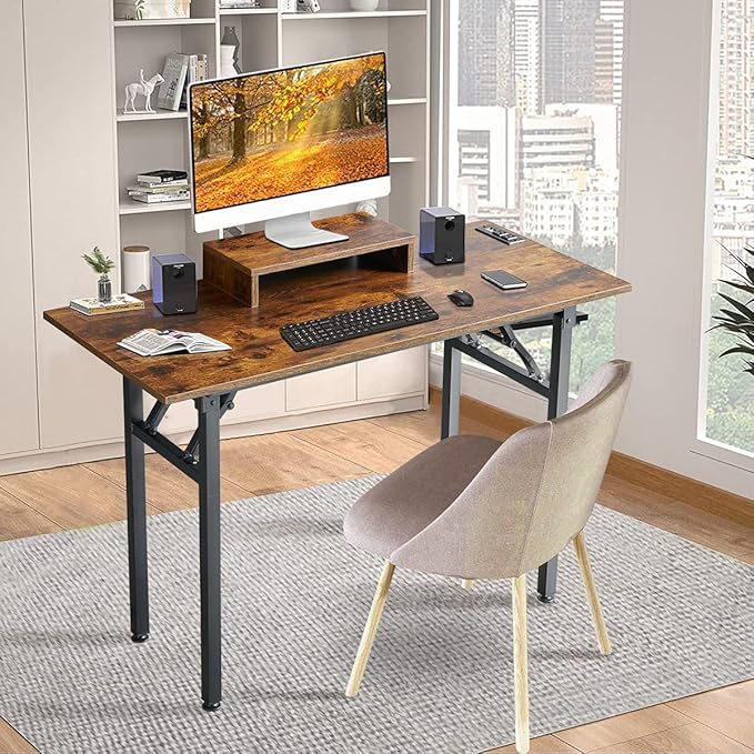 TEMI Computer Desk with Power Outlet and Monitor Shelf Included 43.3" Length Folding Table, Office Desk for Home, No Assembly Desk with Stable Black Frame, Rustic Brown - LeafyLoom