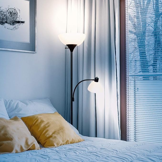Brightech Sky Dome Plus LED Floor lamp, Torchiere Super Bright Floor Lamp with Reading Lamp for Living Rooms & Offices - Dimmable Tall Standing Lamp for Bedroom Reading - Black - LeafyLoom