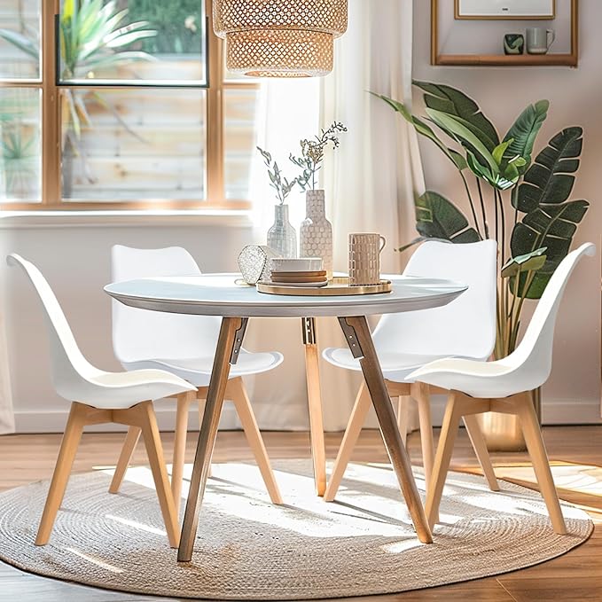 CangLong, White Modern Set, Shell Chair with Wood Legs for Kitchen, Dining, Living Room-Set of 4, Pack of 4 - LeafyLoom