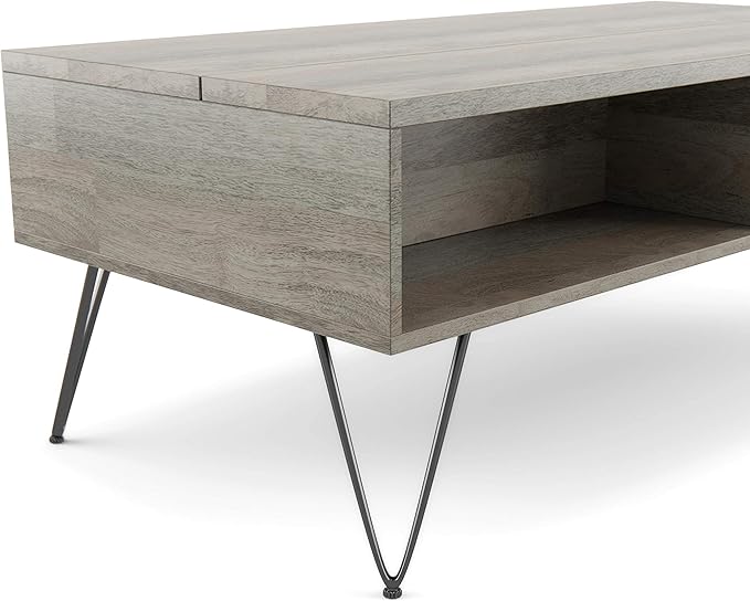 SIMPLIHOME Hunter SOLID MANGO WOOD and Metal 48 Inch Wide Rectangle Industrial Lift Top Coffee Table in Grey, For the Living Room and Family Room - LeafyLoom