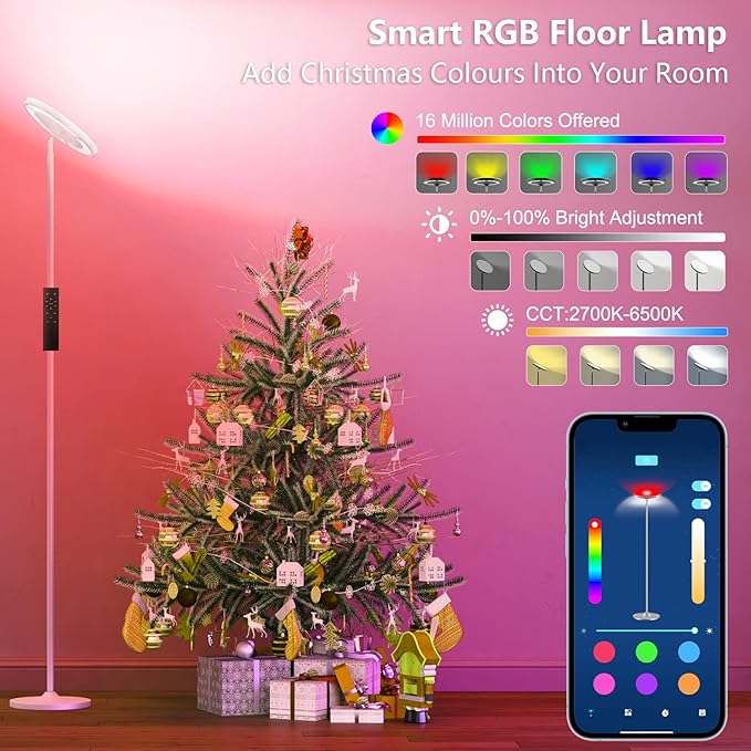 Keepsmile Double Side Lighting White Led Floor Lamp with Remote Smart App 36W 2600LM Bright Tall Standing RGB Angle Multicolor Dimmable Modern Floor Lamps for Living Room Bedroom Office - LeafyLoom