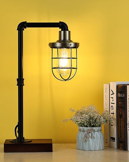 CONCA steampunk table lamp, industrial table lamp,E26 Base Rustic Edison Lighting, cage shade table lamp (B-Black+Bronze) - LeafyLoom
