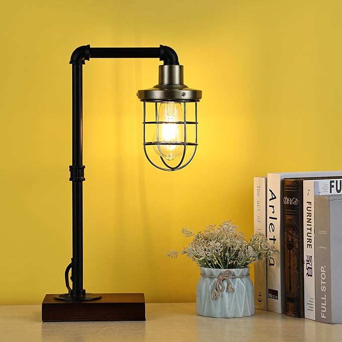 CONCA steampunk table lamp, industrial table lamp,E26 Base Rustic Edison Lighting, cage shade table lamp (B-Black+Bronze) - LeafyLoom
