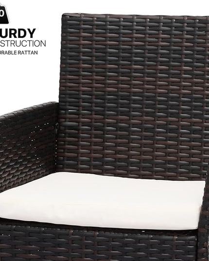 MoNiBloom 3 Pieces Patio Furniture Set, Outdoor Conversation PE Rattan Furniture Front Porch Set with Washable Cushion and Tempered Glass Tabletop for Garden Poolside Balcony, Capacity 250 lbs, Brown - LeafyLoom