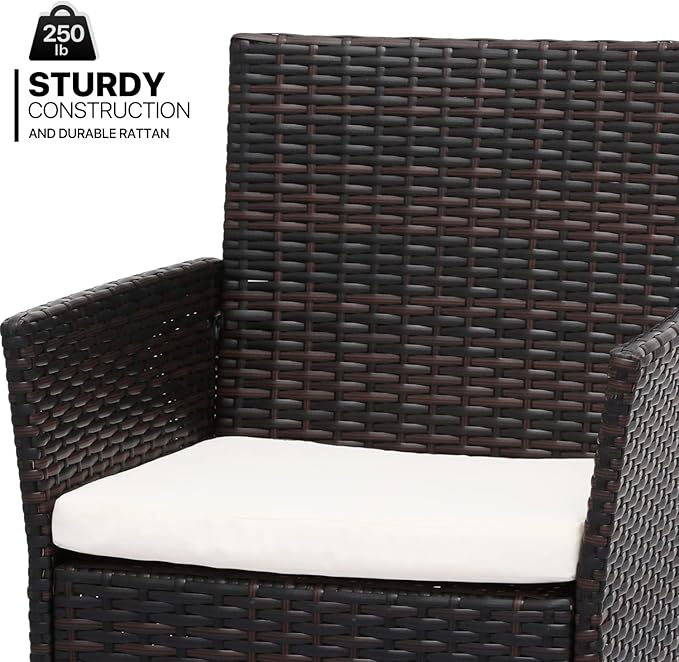 MoNiBloom 3 Pieces Patio Furniture Set, Outdoor Conversation PE Rattan Furniture Front Porch Set with Washable Cushion and Tempered Glass Tabletop for Garden Poolside Balcony, Capacity 250 lbs, Brown - LeafyLoom