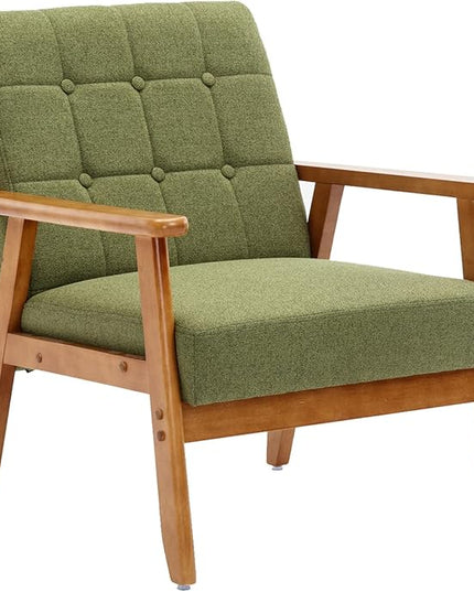 Mid-Century Accent, Modern Single Armchair, Upholstered Leisure Lounge Chair wth Solid Wood Armrest and Feet for Living Room, Bedroom, Office, Green - LeafyLoom