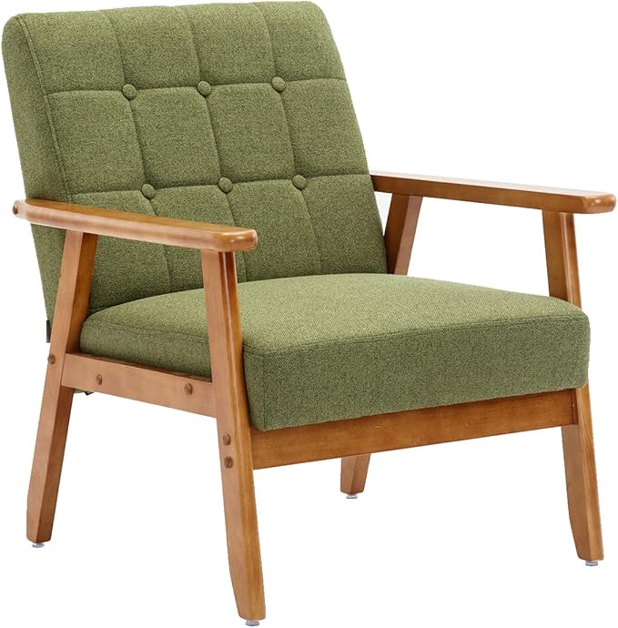 Mid-Century Accent, Modern Single Armchair, Upholstered Leisure Lounge Chair wth Solid Wood Armrest and Feet for Living Room, Bedroom, Office, Green - LeafyLoom