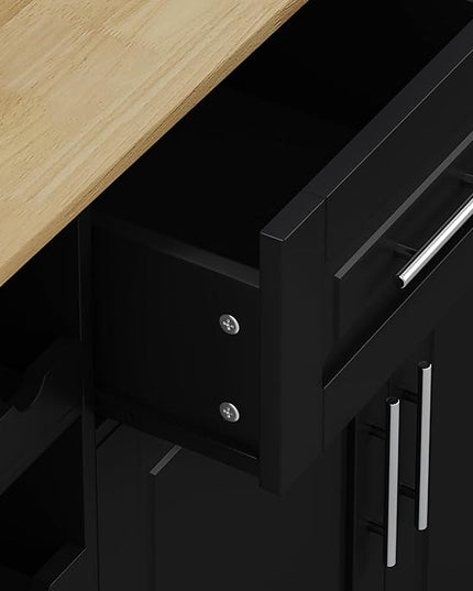 Multi-Functional Kitchen Island Mobile Cart with 2 Door Cabinet,Two Drawers,Spice-Rack,Towel Holder,Wine-Rack,Foldable Rubberwood Table Top,for Dining Room Bar,Black - LeafyLoom
