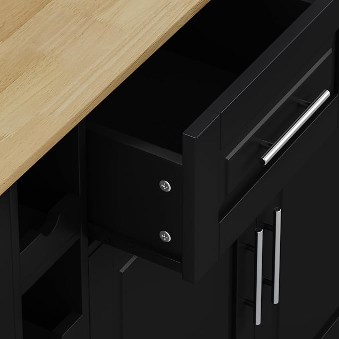 Multi-Functional Kitchen Island Mobile Cart with 2 Door Cabinet,Two Drawers,Spice-Rack,Towel Holder,Wine-Rack,Foldable Rubberwood Table Top,for Dining Room Bar,Black - LeafyLoom