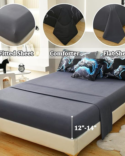Game Console Full Comforter Set with Sheets, Microfiber 6 Pcs Bed in A Bag Full Size Gamer Bedding Set for Boys Kids Teens - LeafyLoom
