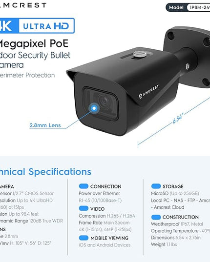 Amcrest UltraHD 4K (8MP) Outdoor Bullet Security IP POE Camera, 98ft NightVision, 2.8mm Lens, IP67 Weatherproof, 256GB MicroSD Recording, Black (IP8M-2496EB-V2) Amcrest