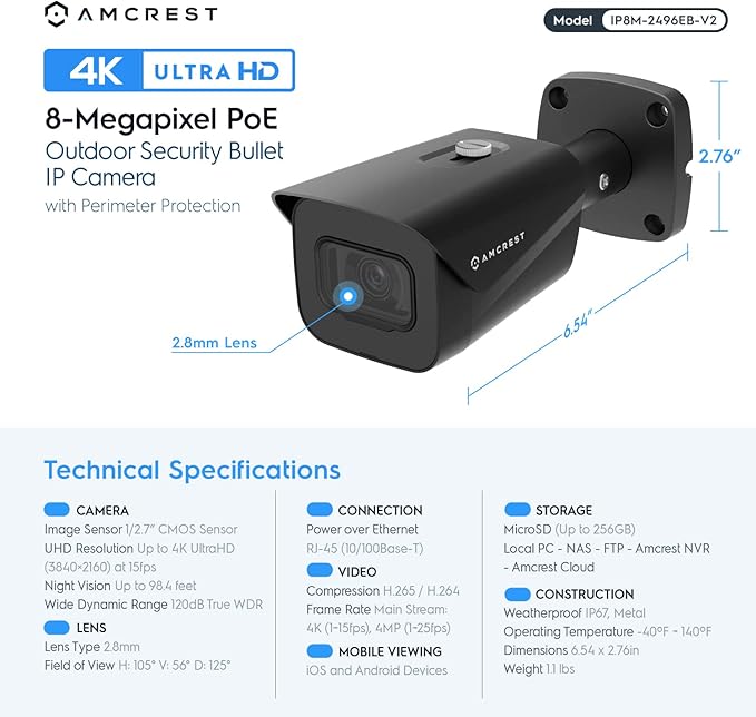 Amcrest UltraHD 4K (8MP) Outdoor Bullet Security IP POE Camera, 98ft NightVision, 2.8mm Lens, IP67 Weatherproof, 256GB MicroSD Recording, Black (IP8M-2496EB-V2) Amcrest