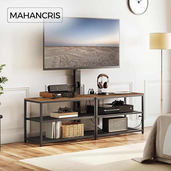 TV Stand with Mount and 4 Power Outlets 59", Entertainment Center Media Console, Swivel TV Stand Mount up to 75 inch TVs, Height Adjustable, Metal Frame for Living Room, Bedroom TVHR35E01V - LeafyLoom
