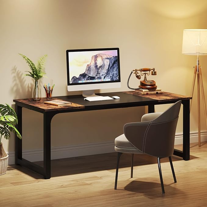 63 Inch Large Executive Computer office desk, Brown+Black - LeafyLoom