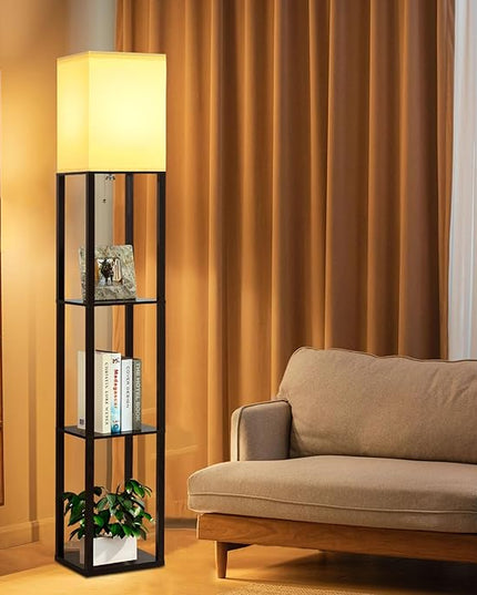 Floor Lamp with Shelves, 3-Tier Modern Floor Lamps for Living Room, Standing Lamp with 3 Color Temperature Bulb, Wooden Shelf Lamp Living Room Lamps, Black Floor Lamp for Bedroom,Living Room,Office - LeafyLoom