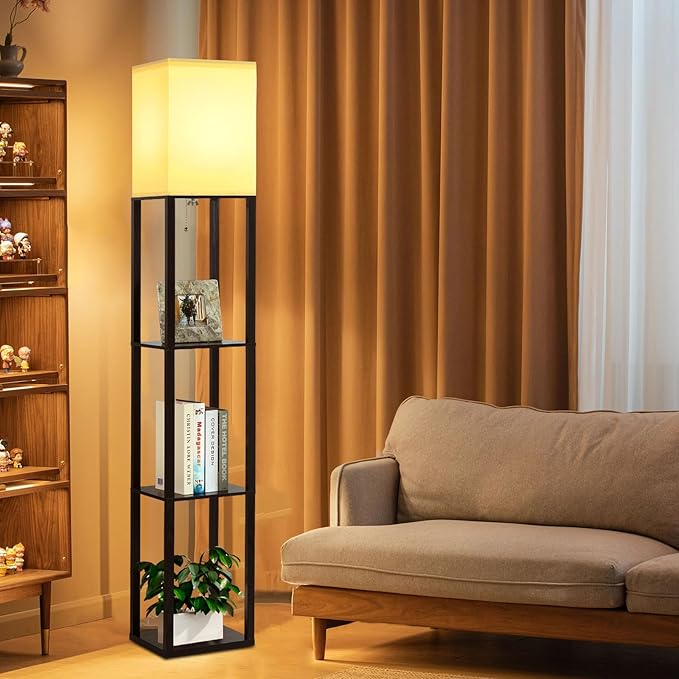 Floor Lamp with Shelves, 3-Tier Modern Floor Lamps for Living Room, Standing Lamp with 3 Color Temperature Bulb, Wooden Shelf Lamp Living Room Lamps, Black Floor Lamp for Bedroom,Living Room,Office - LeafyLoom