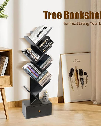 8-Tier Bookshelf Tree Bookshelf Book Tree with Drawer Wooden Bookshelves Storage Rack for CDs/Books, Shelves for Bedroom, Living Room & Office (Black) - LeafyLoom