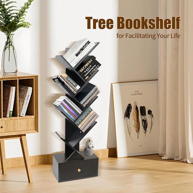 8-Tier Bookshelf Tree Bookshelf Book Tree with Drawer Wooden Bookshelves Storage Rack for CDs/Books, Shelves for Bedroom, Living Room & Office (Black) - LeafyLoom