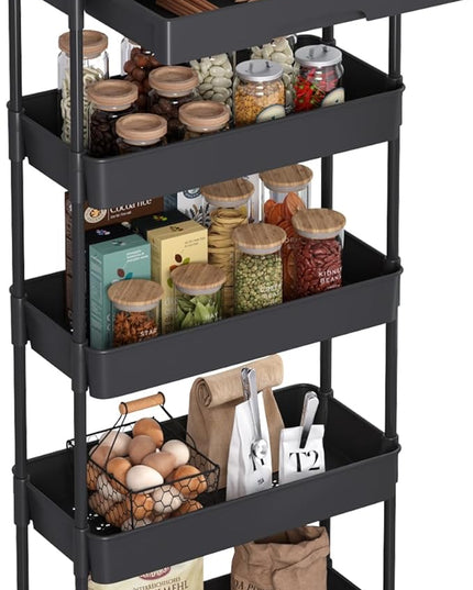 5-Tier Rolling Utility Cart，Trolley with Drawer, Multifunctional Storage Organizer with Plastic Shelf & Metal Wheels, Storage Cart for Living Room, Kitchen, Office, Bathroom, Black - LeafyLoom