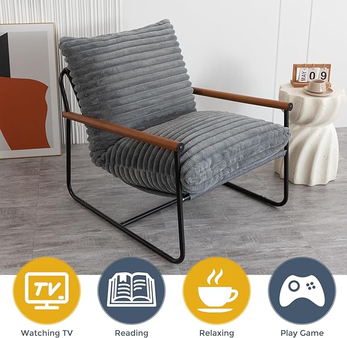 MAXYOYO Accent Chair, Sherpa Arm Chair for Living Room, Mid Century Modern Accent Chairs, Boucle Reading Bedroom Chair, Teddy Armchair, Wooden Arms Metal Frame - LeafyLoom