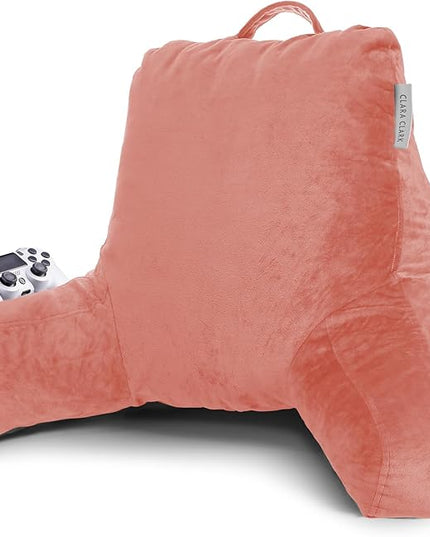Clara Clark Reading Pillow, Standard Back Pillow for Sitting Up in Bed, Memory Foam Back Support Pillow, Reading Pillows for Sitting in Bed, Misty Rose Sit Up Pillow for Bed, Arm Pillow with Pockets - LeafyLoom