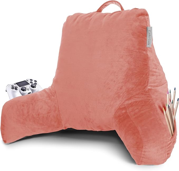 Clara Clark Reading Pillow, Standard Back Pillow for Sitting Up in Bed, Memory Foam Back Support Pillow, Reading Pillows for Sitting in Bed, Misty Rose Sit Up Pillow for Bed, Arm Pillow with Pockets - LeafyLoom