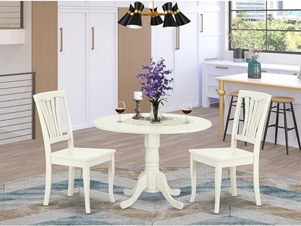 East West Furniture DLAV3-LWH-W 3 Piece Dining Table Set for Small Spaces Contains a Round Dining Room Table with Dropleaf and 2 Wood Seat Chairs, 42x42 Inch, Linen White - LeafyLoom