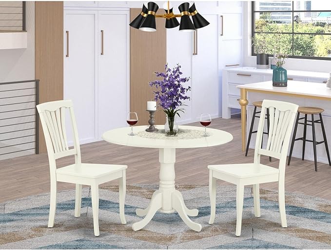 East West Furniture DLAV3-LWH-W 3 Piece Dining Table Set for Small Spaces Contains a Round Dining Room Table with Dropleaf and 2 Wood Seat Chairs, 42x42 Inch, Linen White - LeafyLoom