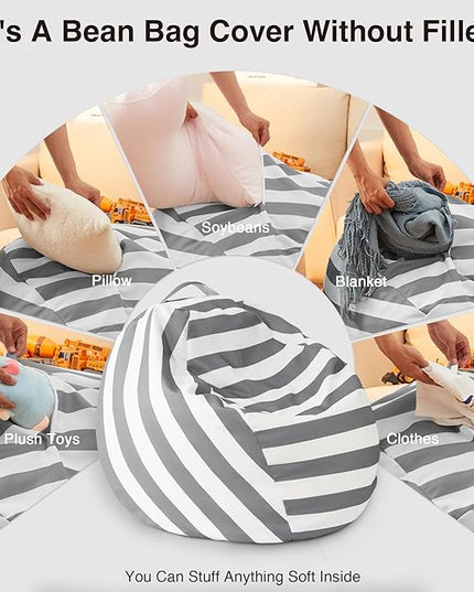 EXQ Home Kids Bean Bag Chairs Cover -Stuffed Animal Bean Bag Storage Grey and White Stripes-Zipper Bean Bag for Organizing Children Plush Toys Holiday Gift for Girl,Boys (XL) - LeafyLoom