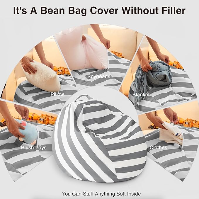 EXQ Home Kids Bean Bag Chairs Cover -Stuffed Animal Bean Bag Storage Grey and White Stripes-Zipper Bean Bag for Organizing Children Plush Toys Holiday Gift for Girl,Boys - LeafyLoom