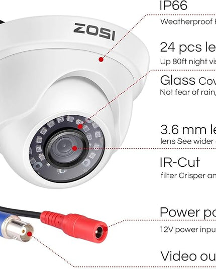 ZOSI 1000TVL CCTV Camera 24 IR LEDs Indoor Outdoor Day Night Vision 65ft Security Dome Color Camera for DVR Surveillance System (White) ZOSI