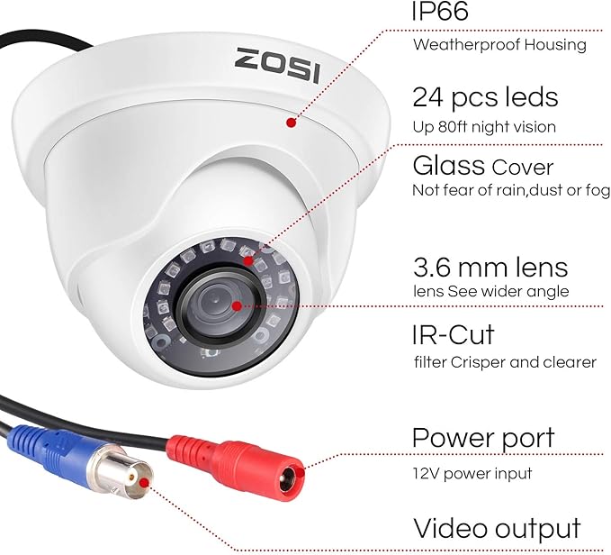 ZOSI 1000TVL CCTV Camera 24 IR LEDs Indoor Outdoor Day Night Vision 65ft Security Dome Color Camera for DVR Surveillance System (White) ZOSI