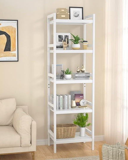 Homykic Bamboo Bookshelf, 5-Tier Narrow 55.9” Adjustable Book Shelf Bookcase Bathroom Shelves Freestanding Storage Stand for Living Room, Bedroom, Kitchen, Rust Resistance, Easy Assembly, White - LeafyLoom