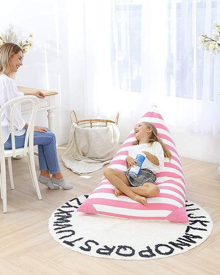 Aubliss Stuffed Animal Storage Bean Bag Chairs Cover, 50"x 35" Extra Large Bean Bags Chair for Kids & Adults, Beanbag Toy Storage for Boys Girls - Premium Cotton Canvas Pink Stripe - LeafyLoom
