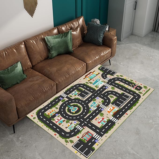 Analog ABC Kids Rug Playroom Car Rug Play Mat City Life Road Rug for Cars Fun City Map for Carpet for Bedroom Boys (31 * 47 inches, Evening City) - LeafyLoom