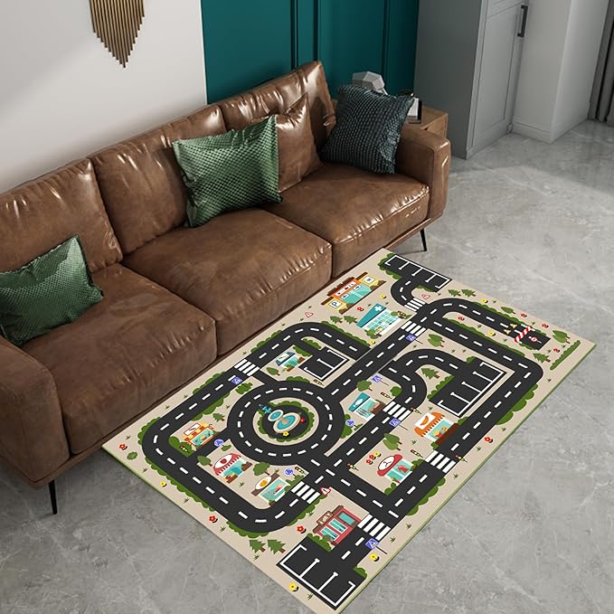 Analog ABC Kids Rug Playroom Car Rug Play Mat City Life Road Rug for Cars Fun City Map for Carpet for Bedroom Boys (63 * 94 inches, Evening City) - LeafyLoom
