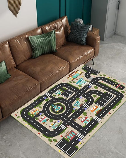 Analog ABC Kids Rug Playroom Car Rug Play Mat City Life Road Rug for Cars Fun City Map for Carpet for Bedroom Boys (78 * 118 inches, Evening City) - LeafyLoom