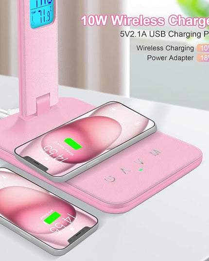 Desk Lamp with Wireless Charger, USB Charging Port, Dimmable Office Desk Light with Clock, Alarm, Date, Temperature, Foldable Lamp for Table Bedroom Bedside Office (Pink) - LeafyLoom
