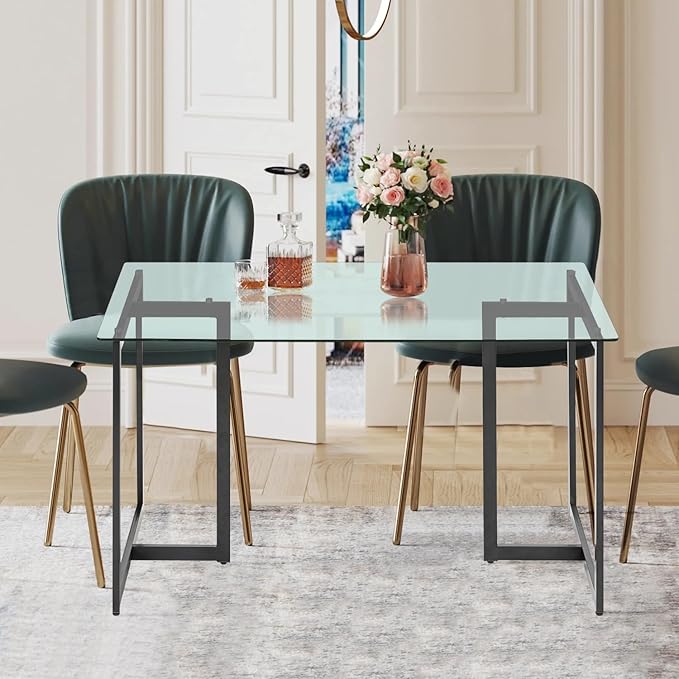 FurnitureR Tempered Glass Dining Table 55 inches for 4-6 Persons Modern Rectangular Spacious Tabletop & Gold Legs Elegant for Home Kitchen Living Room Restaurant, Black - LeafyLoom
