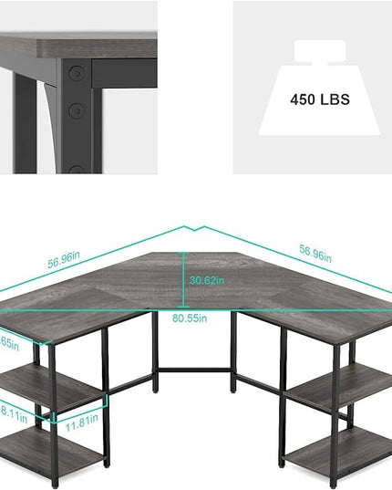 Elephance Large L-Shaped Computer Desk with Shelves, Corner Desk, Home Office Writing Workstation, Gaming Desk PC Latop Table with Storage - LeafyLoom