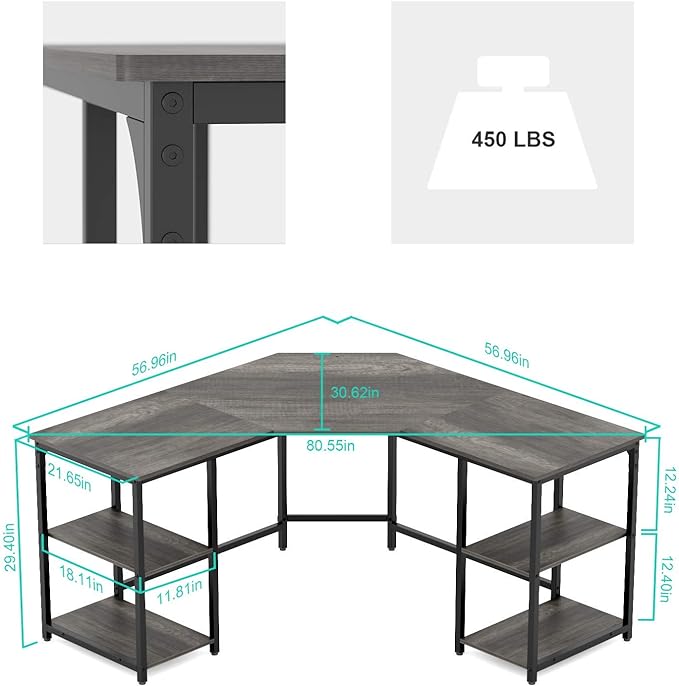 Elephance Large L-Shaped Computer Desk with Shelves, Corner Desk, Home Office Writing Workstation, Gaming Desk PC Latop Table with Storage - LeafyLoom