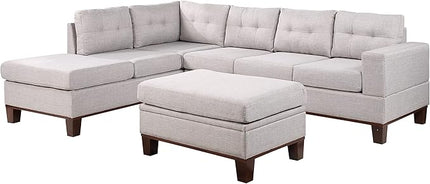 LOVMOR Living Room Reversible Sectional Sofa with Dropdown Armrest, Cupholder, Ottoman and Storage Chaise, Linen Couch for Home Furniture, Apartment, Dorm, Light Gray, 106 Inch - LeafyLoom