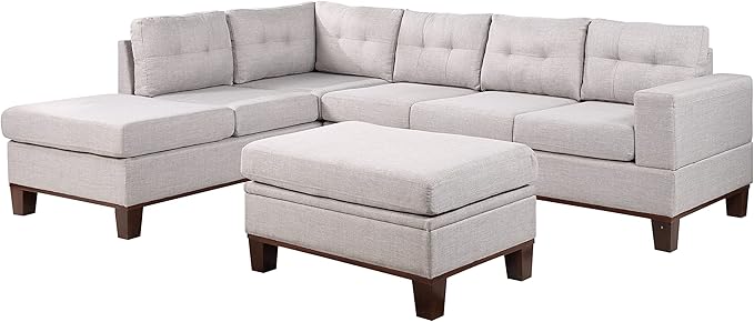 LOVMOR Living Room Reversible Sectional Sofa with Dropdown Armrest, Cupholder, Ottoman and Storage Chaise, Linen Couch for Home Furniture, Apartment, Dorm, Light Gray, 106 Inch - LeafyLoom
