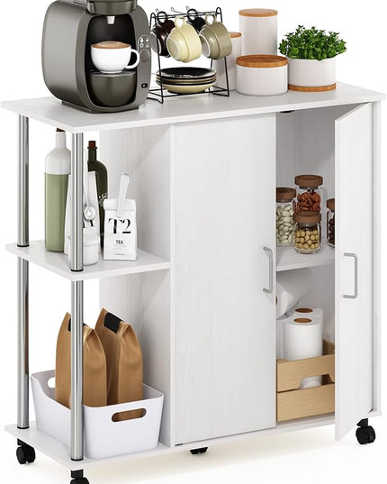Furinno Helena Utility Kitchen Island and Storage Cart on Wheels, 3-Tier, Stainless Steel Tubes, White Oak/Chrome - LeafyLoom